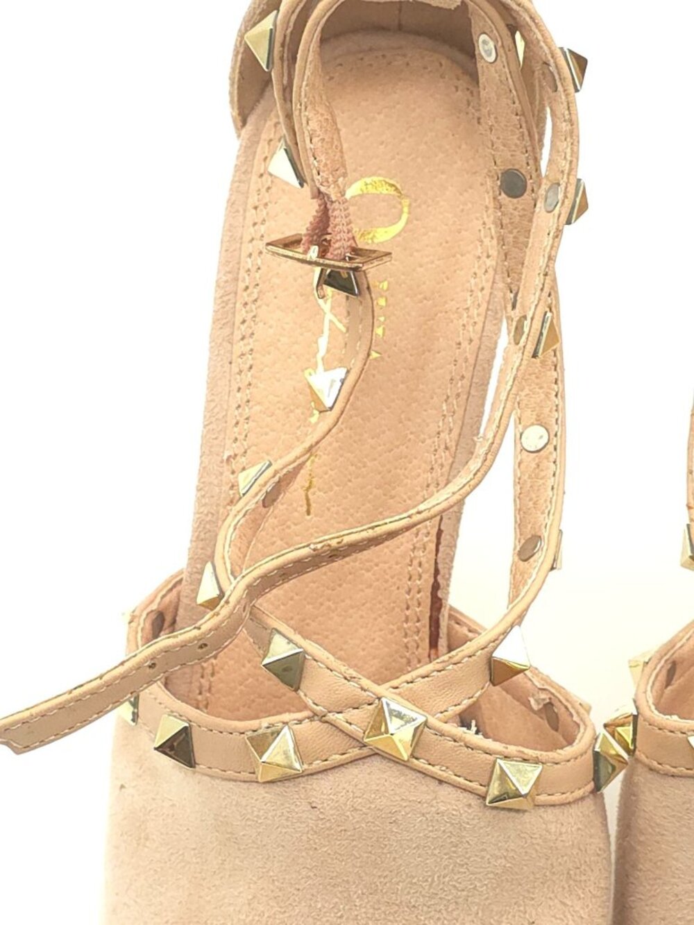 Olivia Ferguson Nude Suede Peep-Toe Studded Strappy Sandals Ankle Strap Women's - Picture 3 of 14